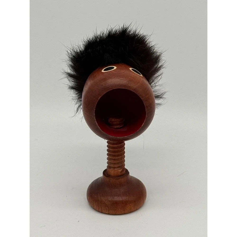 Vintage 60s MCM Japan Wooden Troll Screw Nutcracker The Scream Teak Fur Hair